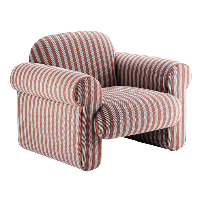 Striped armchair in warm hues of terracotta and cream, featuring thick, bold vertical lines for a modern look.
