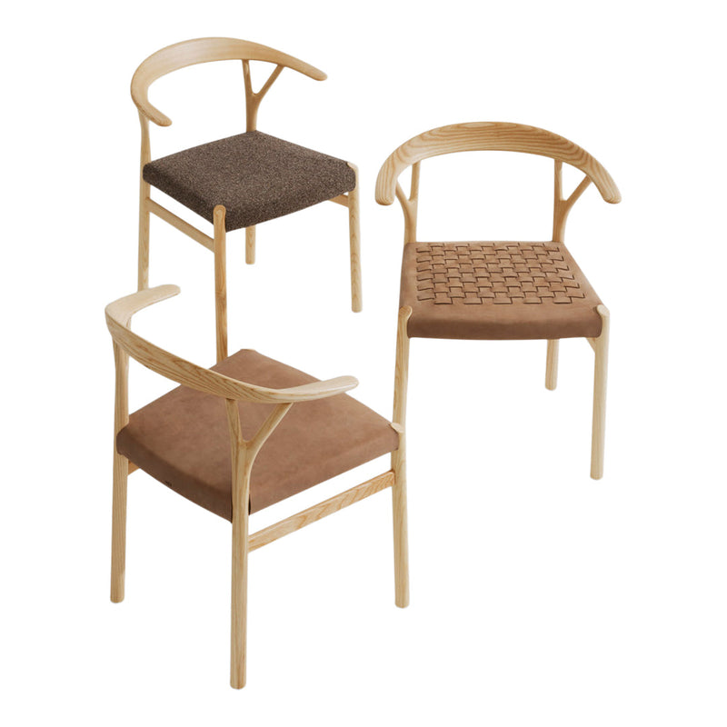 "Three stylish chairs featuring brown upholstery and natural wood, with varied textures and simple patterns."
