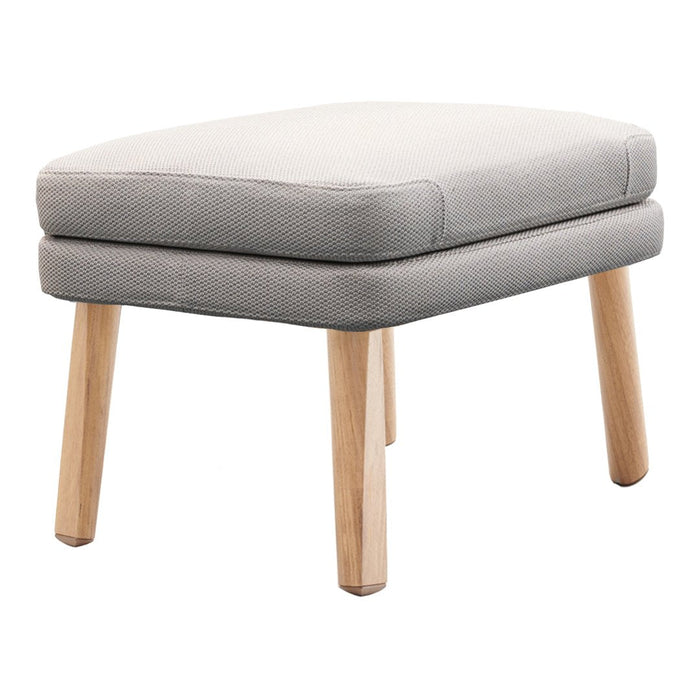 Gray upholstered ottoman with light wooden legs, featuring a minimalist design and soft, smooth texture.