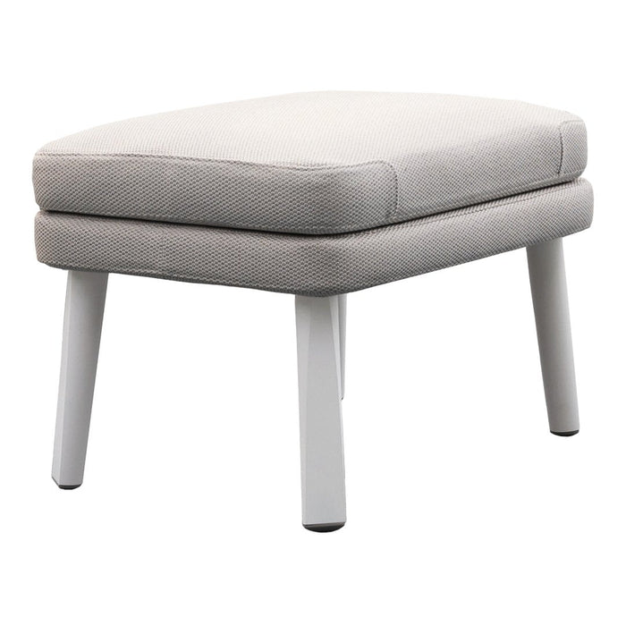 Light gray upholstered ottoman with a textured pattern and white legs, perfect for modern decor.