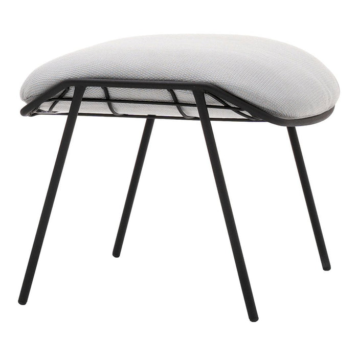 Gray upholstered ottoman with a sleek black metal frame, featuring a smooth, modern design.