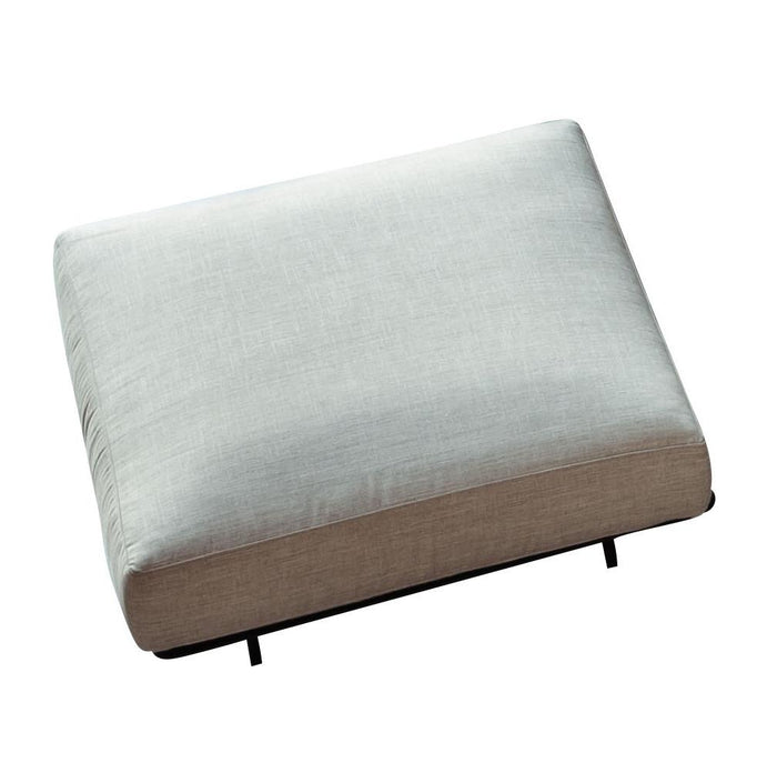 Soft gray and beige square ottoman with a smooth, textured fabric and a minimalist design. Ideal for modern decor.