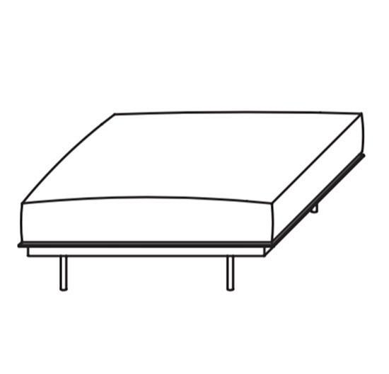 "Minimalist white bed with a sleek, curved design and a simple black base. Perfect for modern decor."