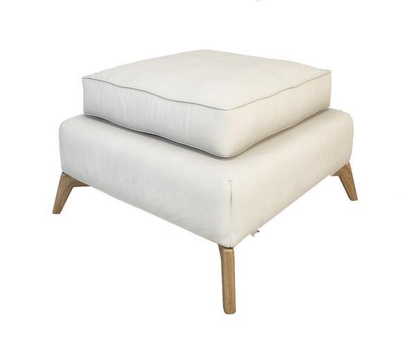 White upholstered ottoman with a clean, minimalist design and natural wood legs. Perfect for modern decor.