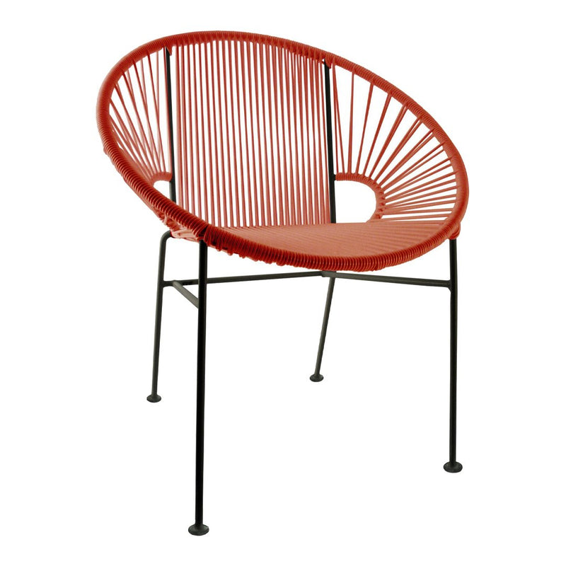 Red woven chair with a circular pattern and sleek black metal legs. Ideal for modern decor.