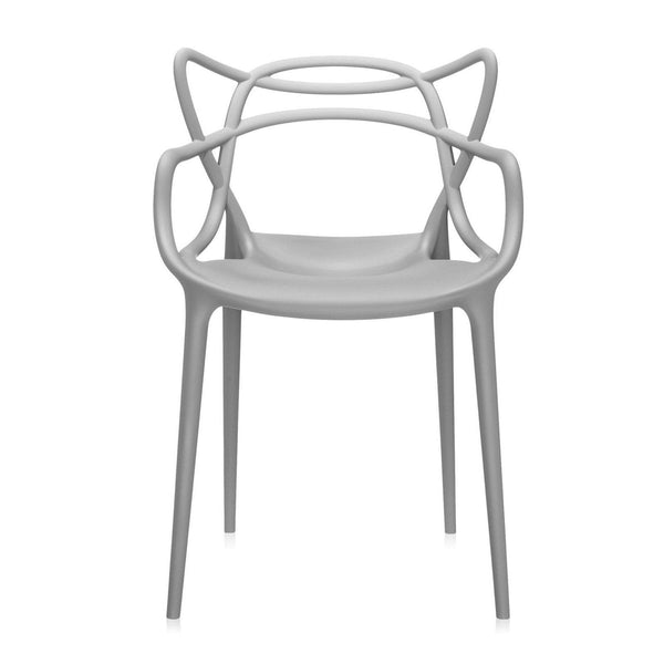 Stylish gray stacking chair with unique curved armrests and a modern design. Perfect for contemporary spaces.