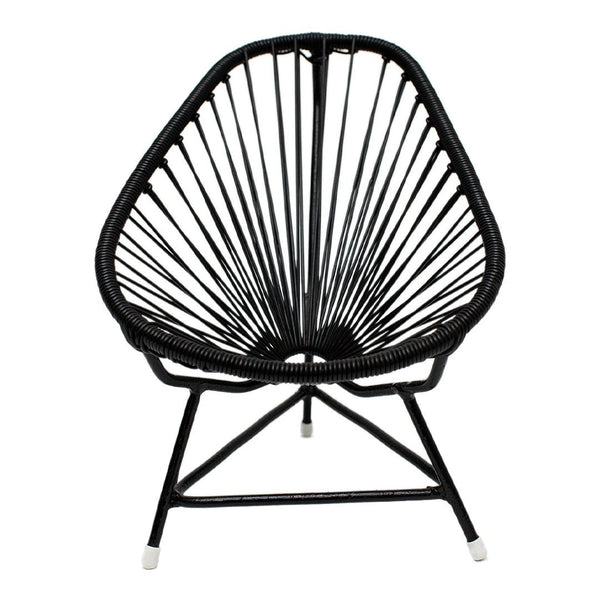 Black Acapulco chair featuring a unique geometric pattern with sleek lines and modern design. Perfect for stylish decor.