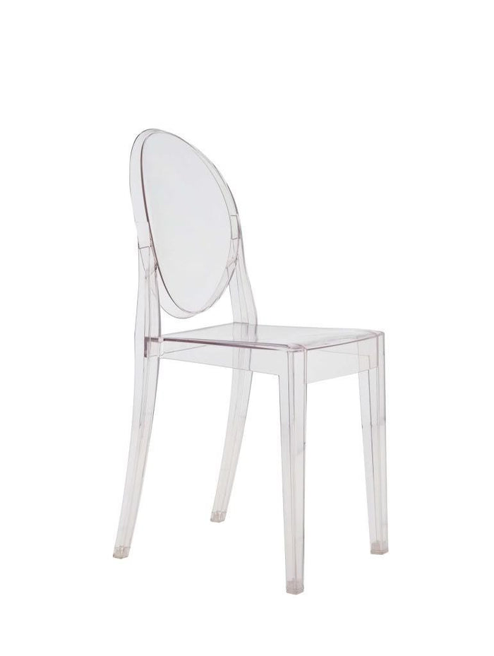 Clear acrylic dining chair with a sleek, transparent design and smooth, minimalist silhouette.