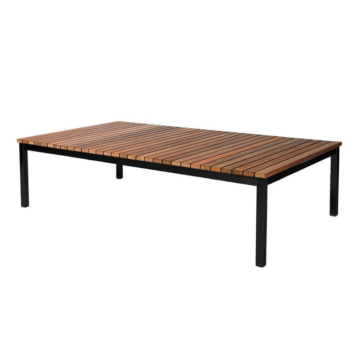 Wooden slatted tabletop with alternating light and dark brown stripes, resting on sleek black metal legs.