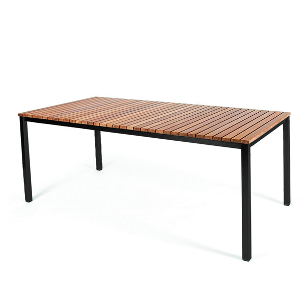 Brown slatted wooden tabletop with black metal legs, ideal for modern outdoor dining. Stylish and durable design.