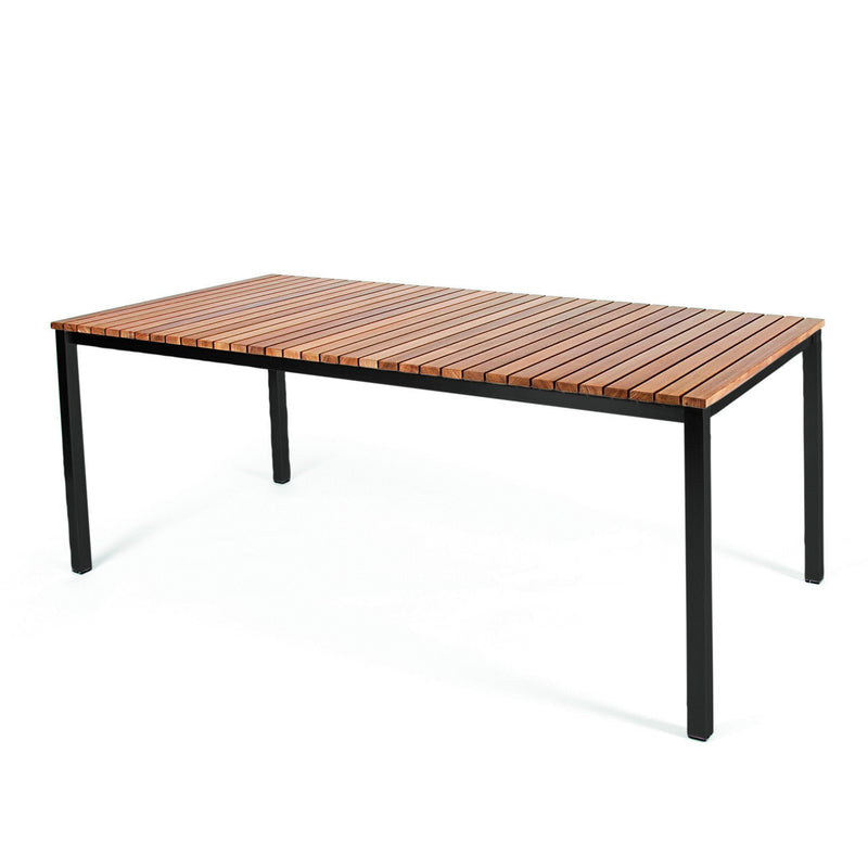 Brown slatted wooden tabletop with black metal legs, ideal for modern outdoor dining. Stylish and durable design.