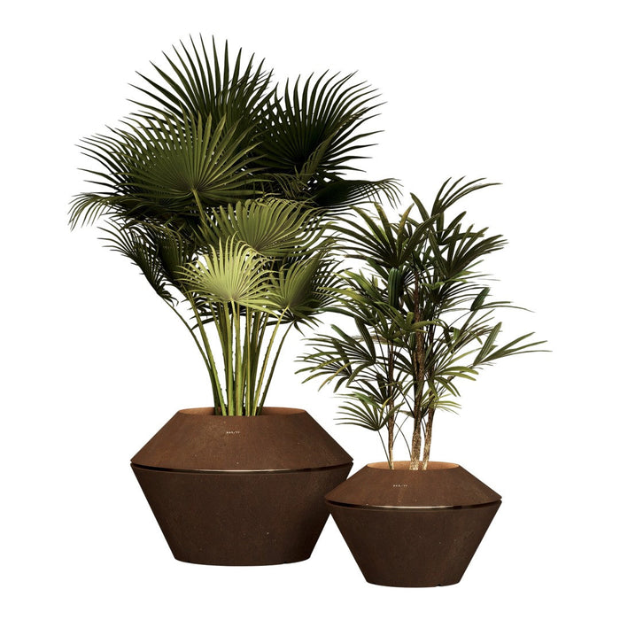 "Two decorative plants in stylish brown geometric planters with lush green foliage and textured leaves."