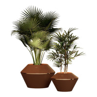 "Two textured brown planters with vibrant green palm leaves, showcasing a modern, geometric style."