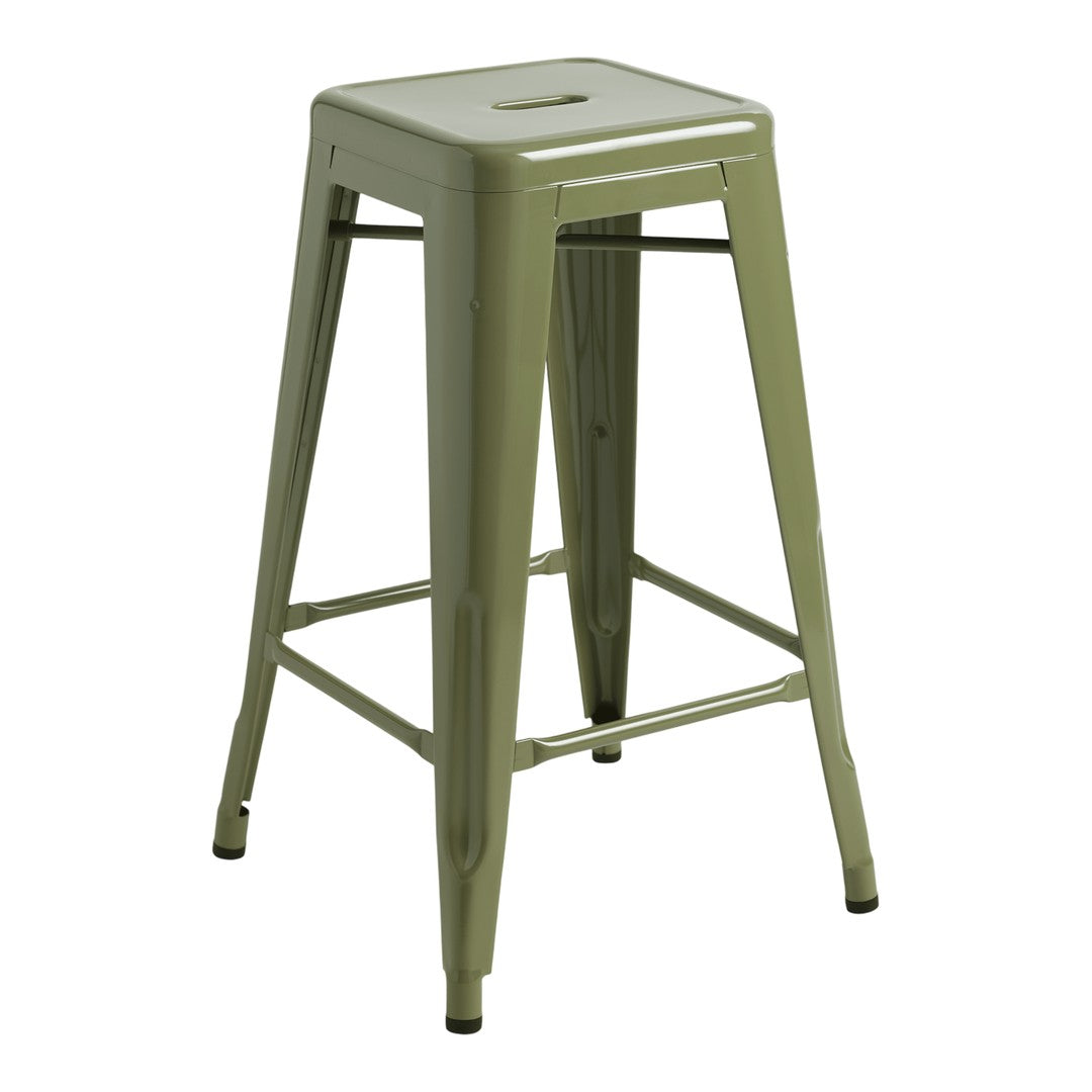 Green metal bar stool with a sleek, minimalist design and a high-gloss finish. Perfect for modern decor.
