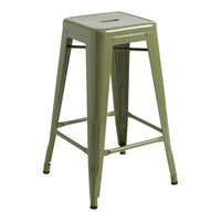 Green metal bar stool with a sleek, minimalist design and a high-gloss finish. Perfect for modern decor.