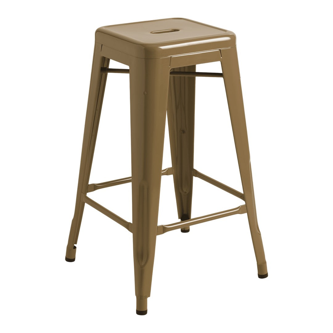 Metal bar stool in a sleek khaki color with a minimalist design and no visible patterns. Perfect for modern decor.