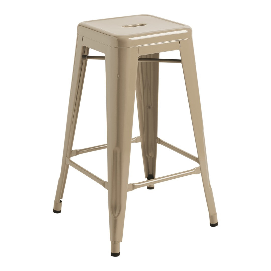 Beige metal stool with a sleek, modern design and minimalist style, featuring a smooth finish and no intricate patterns.