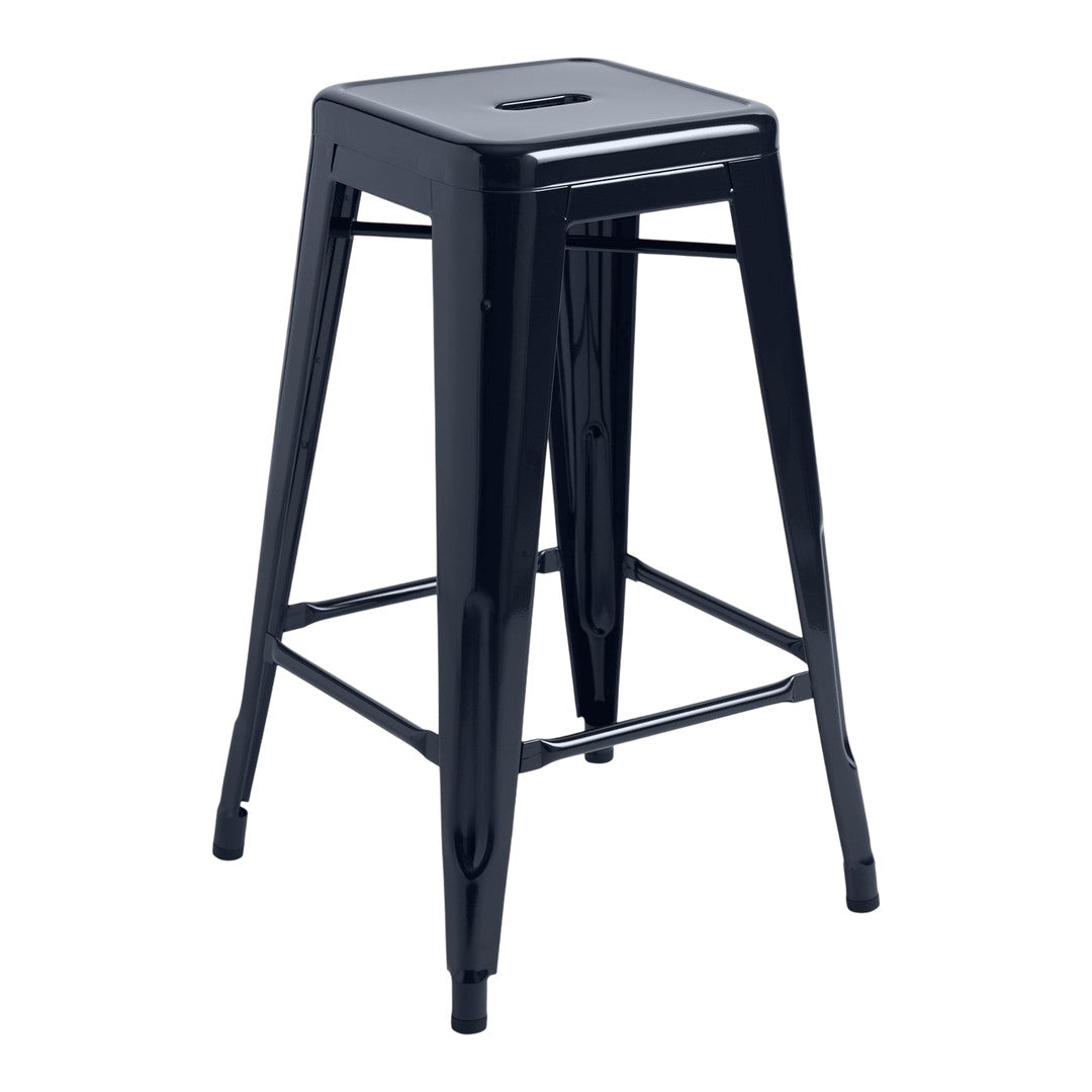 "Stylish black metal bar stool with a sleek, modern design and minimalist aesthetic."