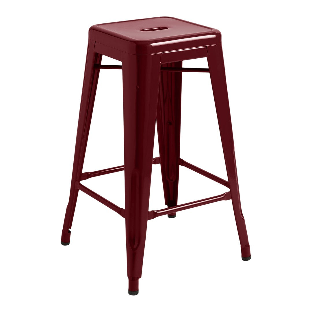 Burgundy metal bar stool with a sleek, minimalist design and a smooth, shiny finish. Perfect for modern decor.