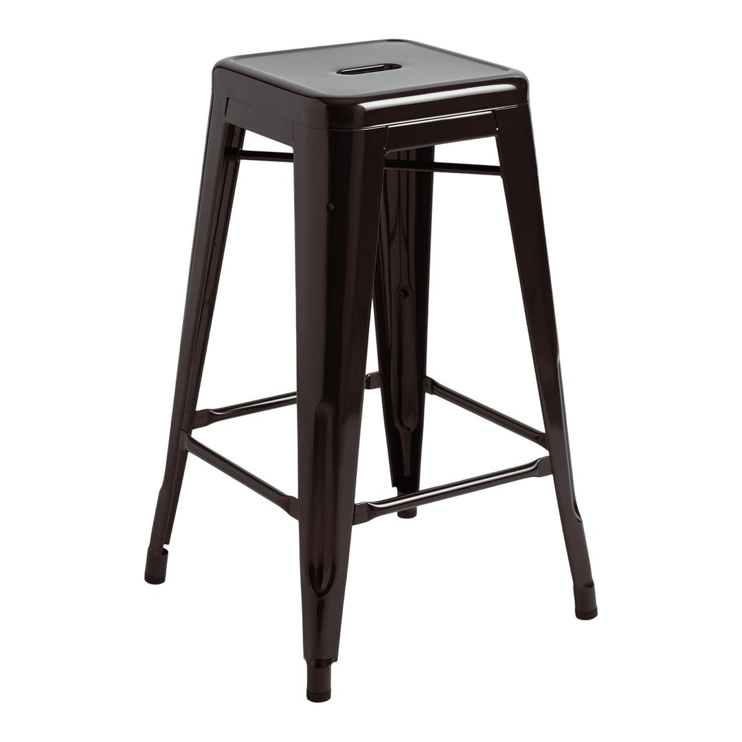 Black metal bar stool with a sleek, minimalist design and smooth finish. Perfect for modern interiors.