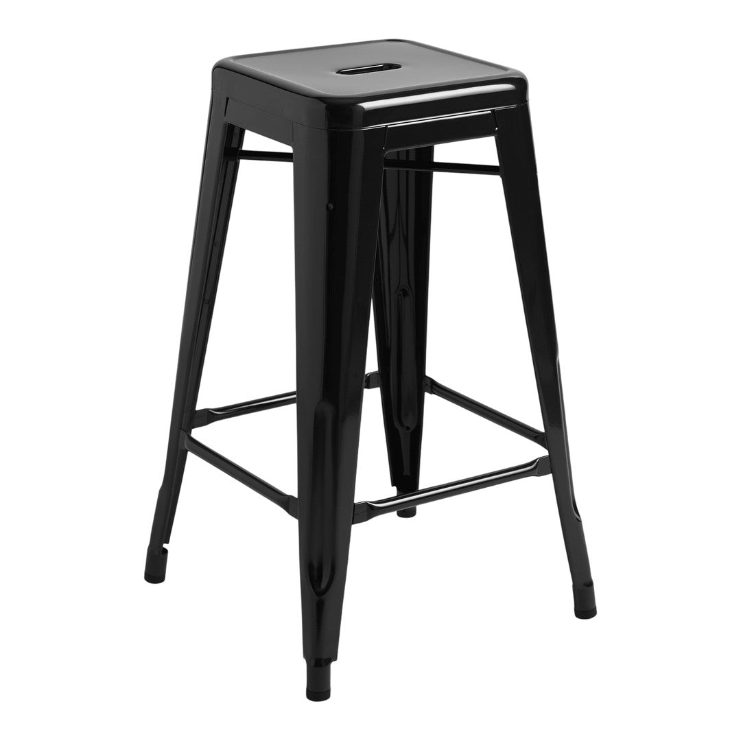 Glossy black metal stool with sleek, minimalist design and a sturdy, straight-legged frame. Perfect for modern decor.