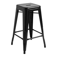 Glossy black metal stool with sleek, minimalist design and a sturdy, straight-legged frame. Perfect for modern decor.