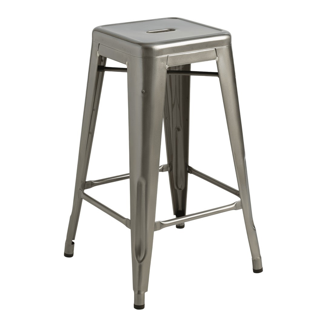 Metallic silver bar stool with a sleek, minimalist design and a flat square top, featuring clean lines and no patterns.