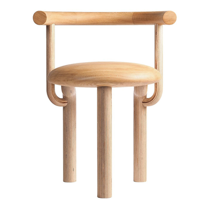 Natural wood chair with light beige tones and smooth, rounded patterns for a minimalist aesthetic.