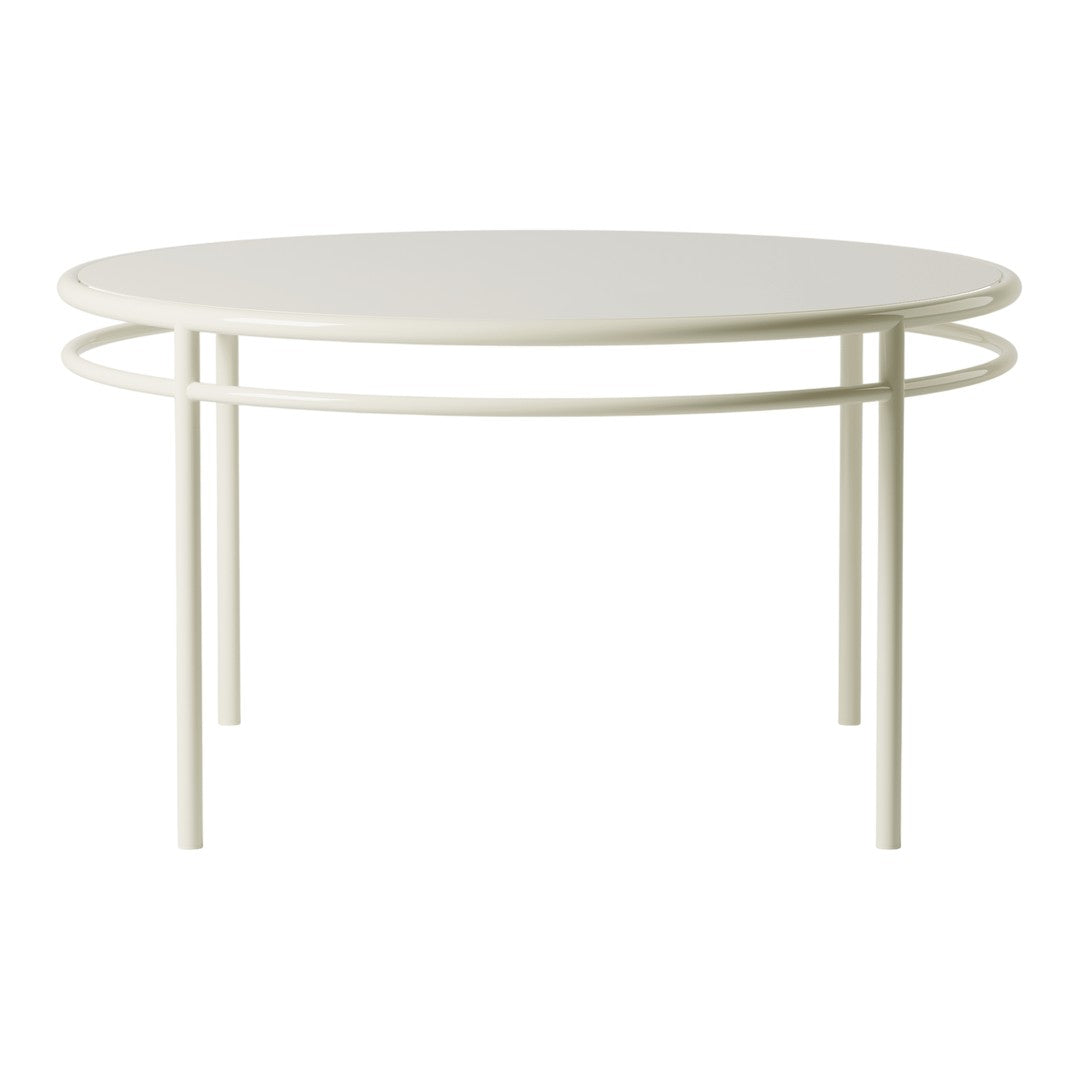 Round white coffee table with sleek, minimalist design and smooth surface, featuring a simple circular pattern.