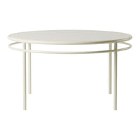 Round white coffee table with sleek, minimalist design and smooth surface, featuring a simple circular pattern.