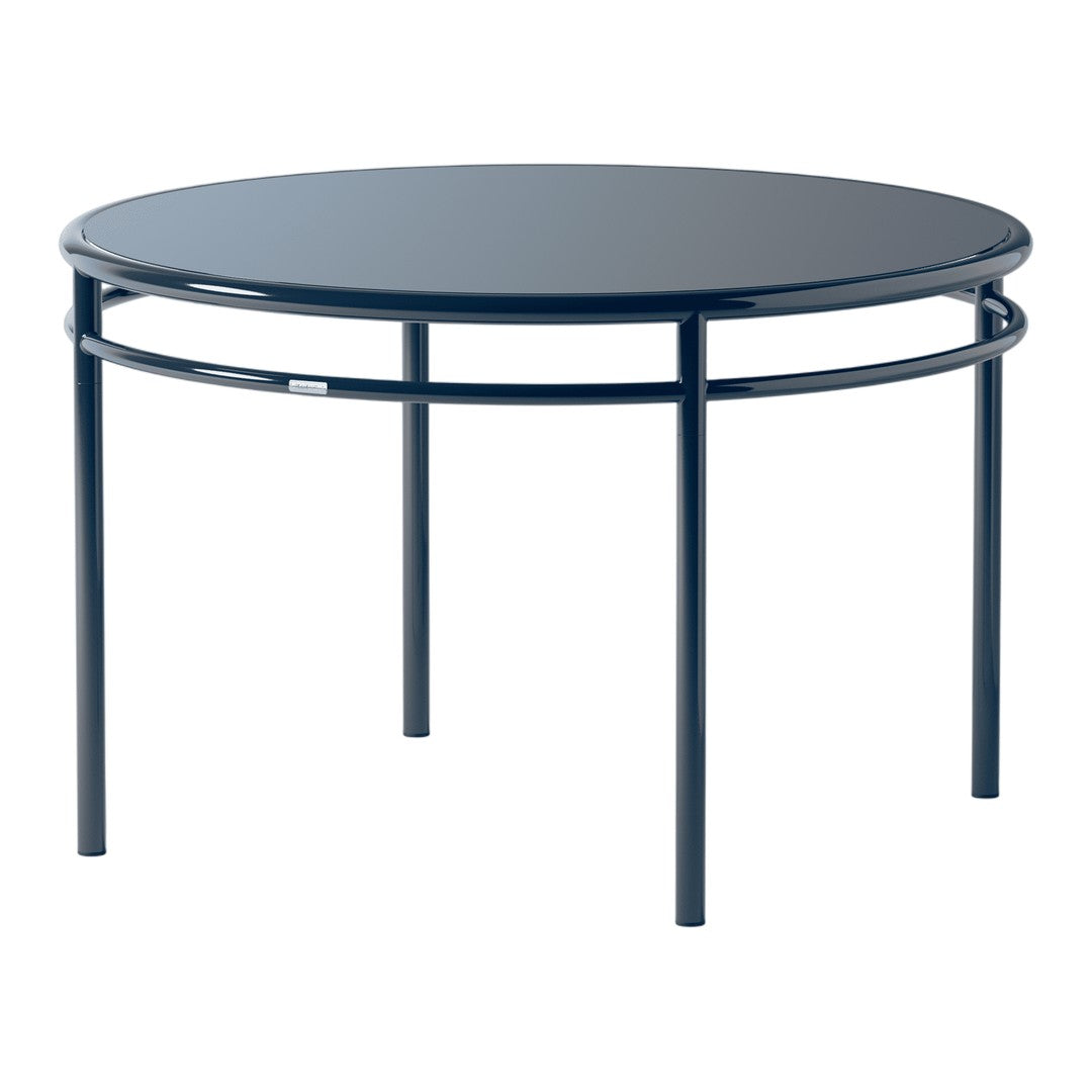 Round black glass table with sleek metal frame in dark blue finish, featuring a modern, minimalistic design.