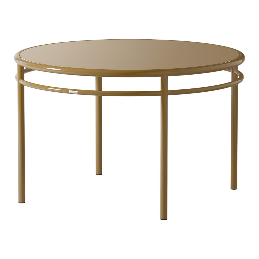 Round gold metal table with a sleek finish and minimalist design, perfect for modern decor.