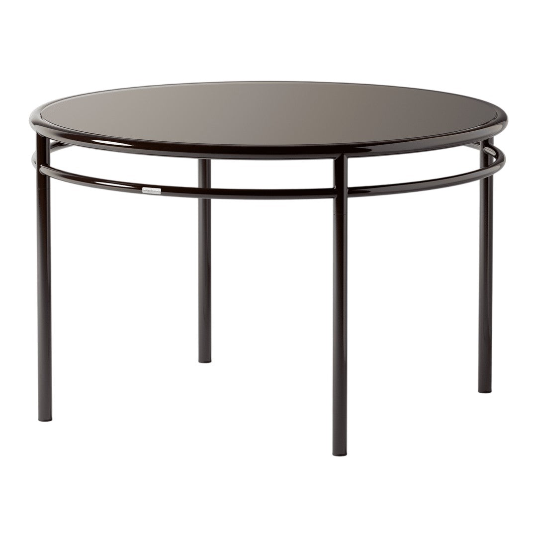 Round black coffee table with a sleek, modern design and a minimalist aesthetic. Perfect for contemporary spaces.