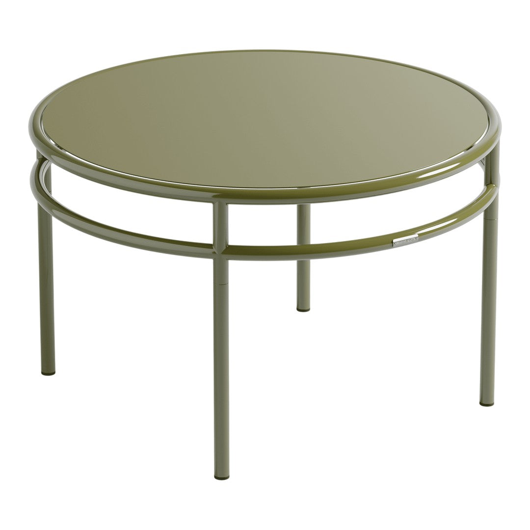 Round olive green coffee table with a glossy finish and minimalist metal frame. Perfect for modern decor.