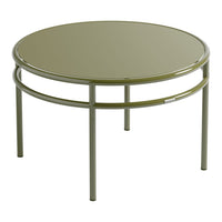 Round olive green coffee table with a glossy finish and minimalist metal frame. Perfect for modern decor.