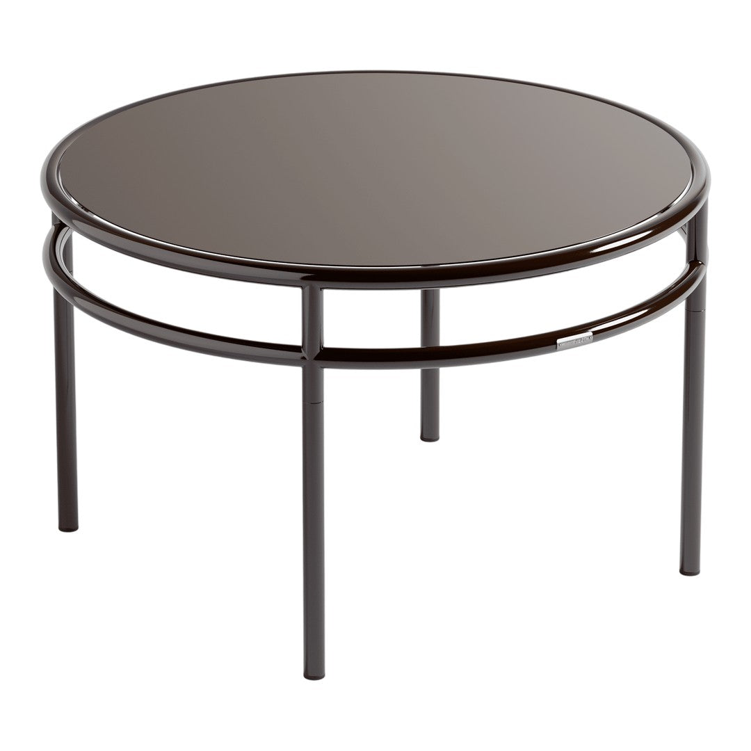 Round black glass coffee table with sleek metal frame, featuring a minimalistic design and glossy finish.