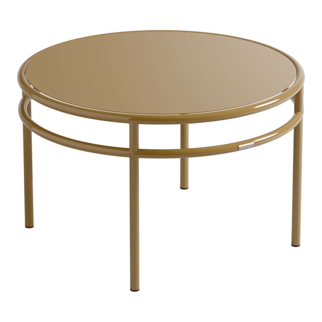 Round coffee table with a sleek gold finish and minimalistic design, featuring a glossy surface and sturdy metal frame.
