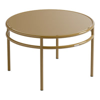Round coffee table with a sleek gold finish and minimalistic design, featuring a glossy surface and sturdy metal frame.