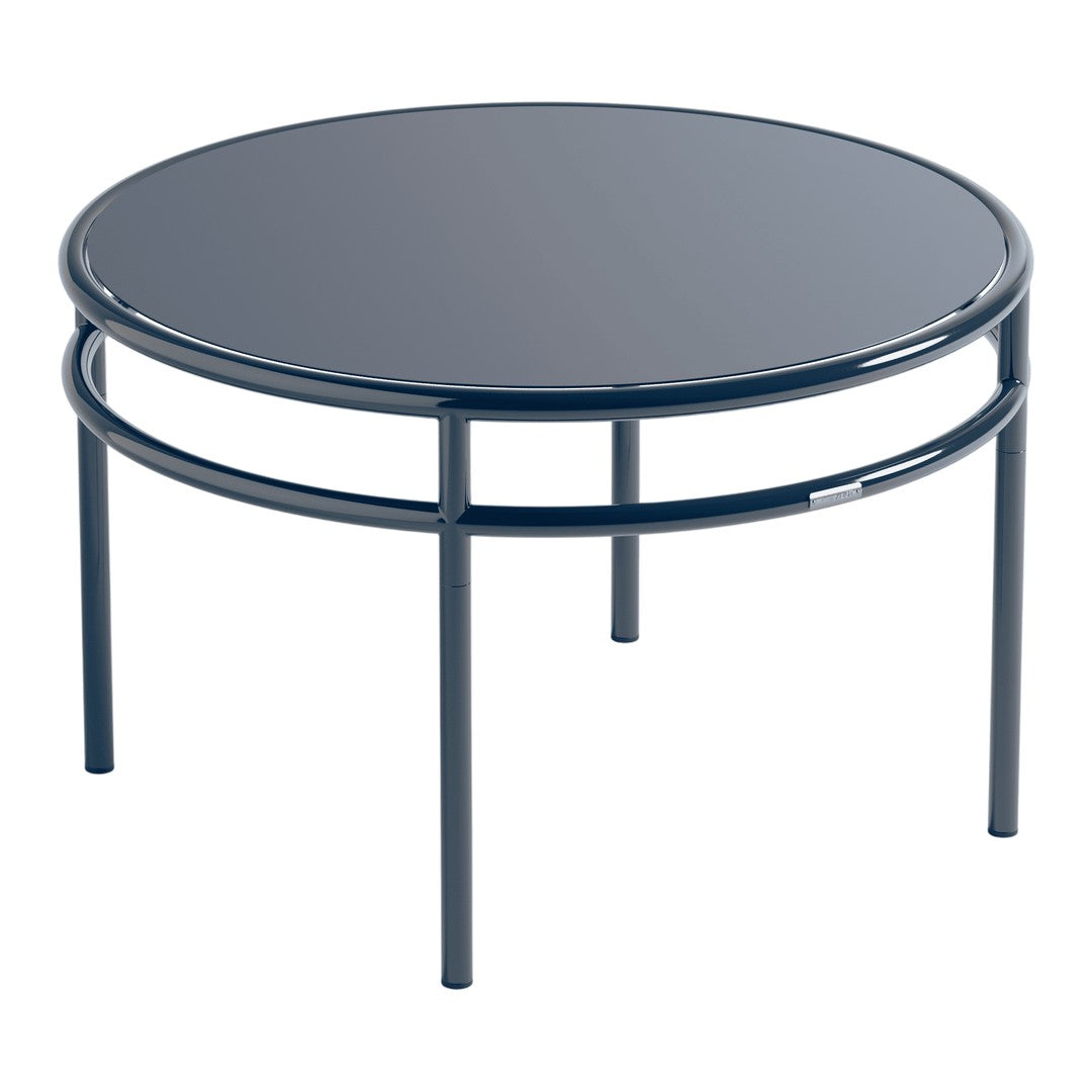 Circular black glass-top coffee table with sleek metal frame, perfect for modern living spaces.