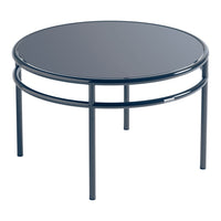 Circular black glass-top coffee table with sleek metal frame, perfect for modern living spaces.