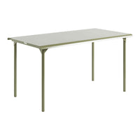 "Rectangular outdoor table in soft green with a sleek, minimal design and smooth surface, perfect for any space."