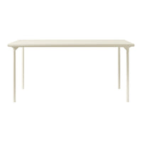Minimalist cream-colored table with smooth, solid surface and sleek, straight legs. Ideal for modern interiors.
