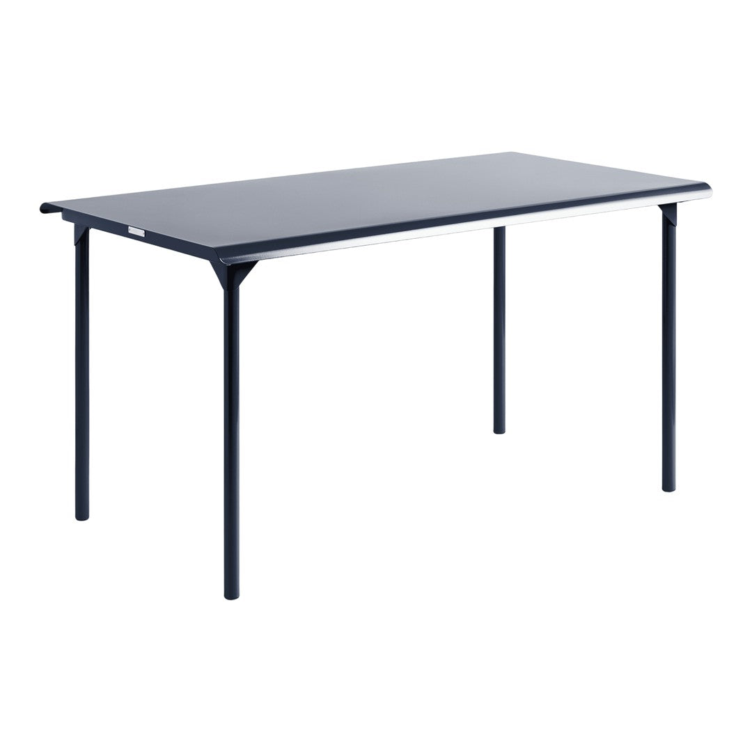 Sleek navy blue rectangular table with a smooth surface and minimalist design, perfect for modern decor.