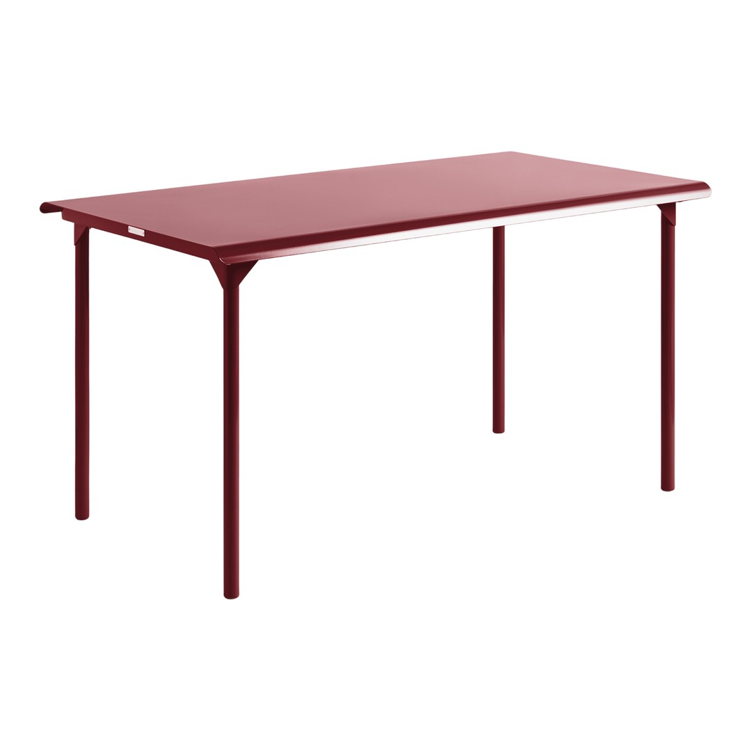 Rectangular table with a smooth, glossy maroon surface and matching red legs. Ideal for modern decor.