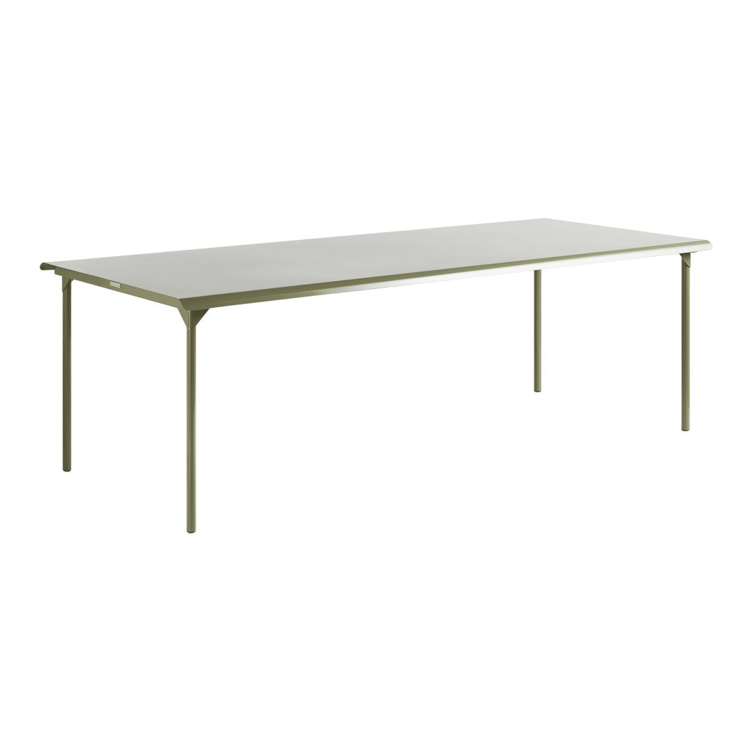Sleek rectangular table in a muted green finish with a smooth, minimalist design. Perfect for modern spaces.