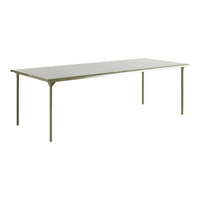 Sleek rectangular table in a muted green finish with a smooth, minimalist design. Perfect for modern spaces.