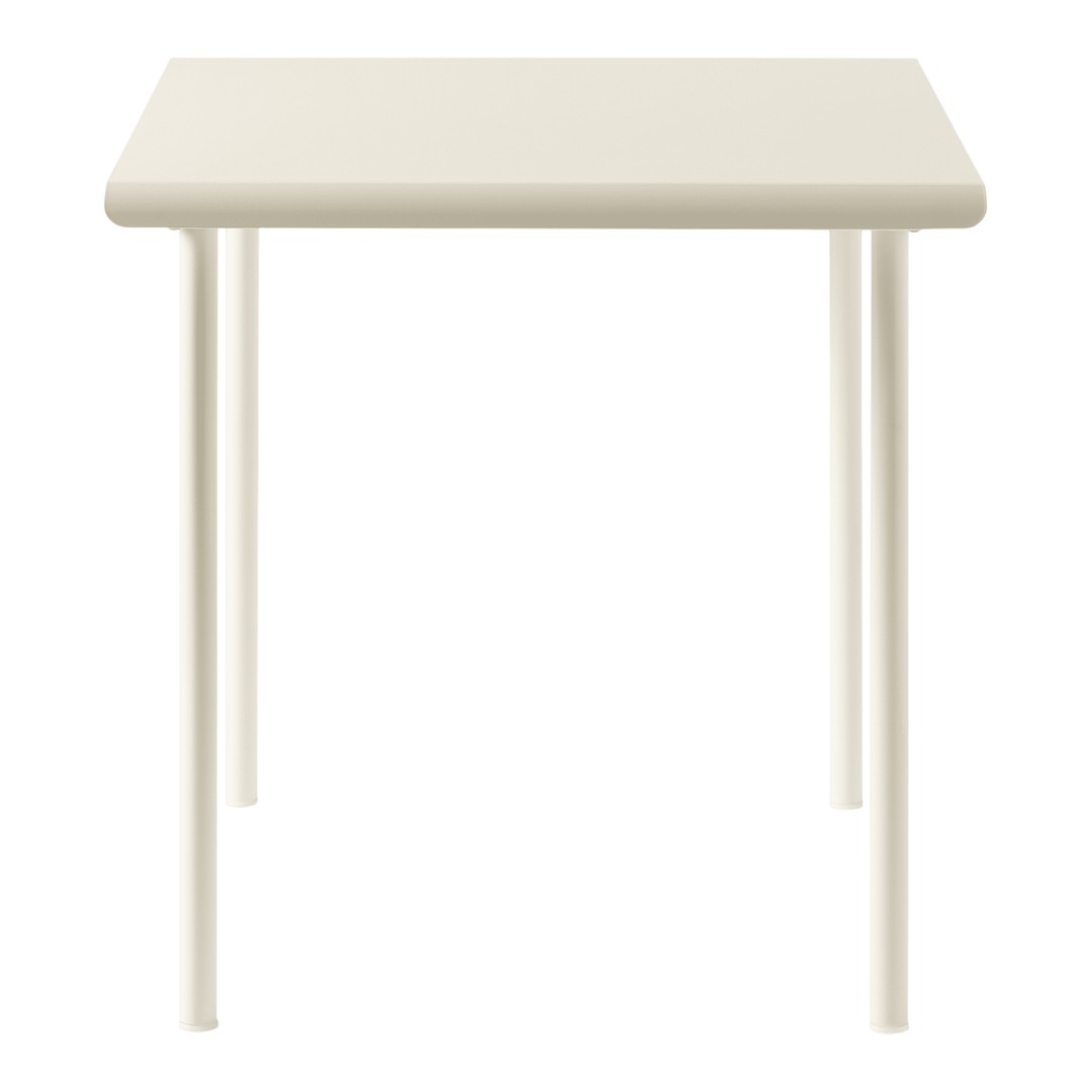 Modern minimalistic table in soft white with smooth, solid surface and sleek, tapered legs. Perfect for any decor.