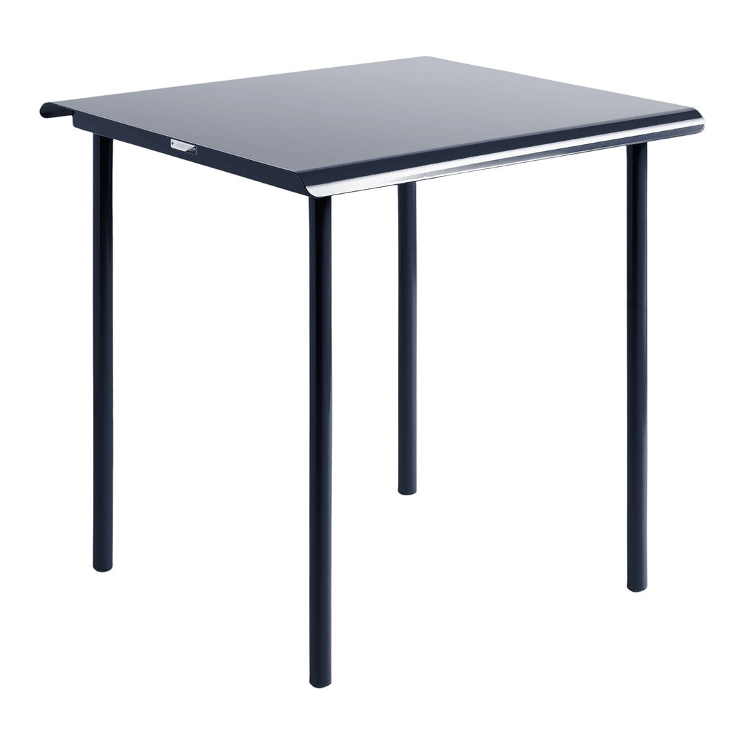 Black square table with sleek, glossy finish and sturdy metal legs for modern decor. Ideal for dining or workspace.