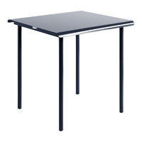 Black square table with sleek, glossy finish and sturdy metal legs for modern decor. Ideal for dining or workspace.