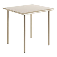 Square dining table in soft beige with a smooth, matte finish and sleek metal legs. Ideal for minimalist decor.